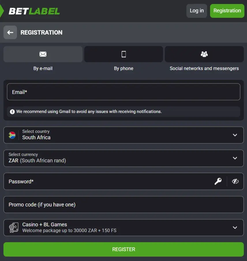 BetLabel Casino Registration Form