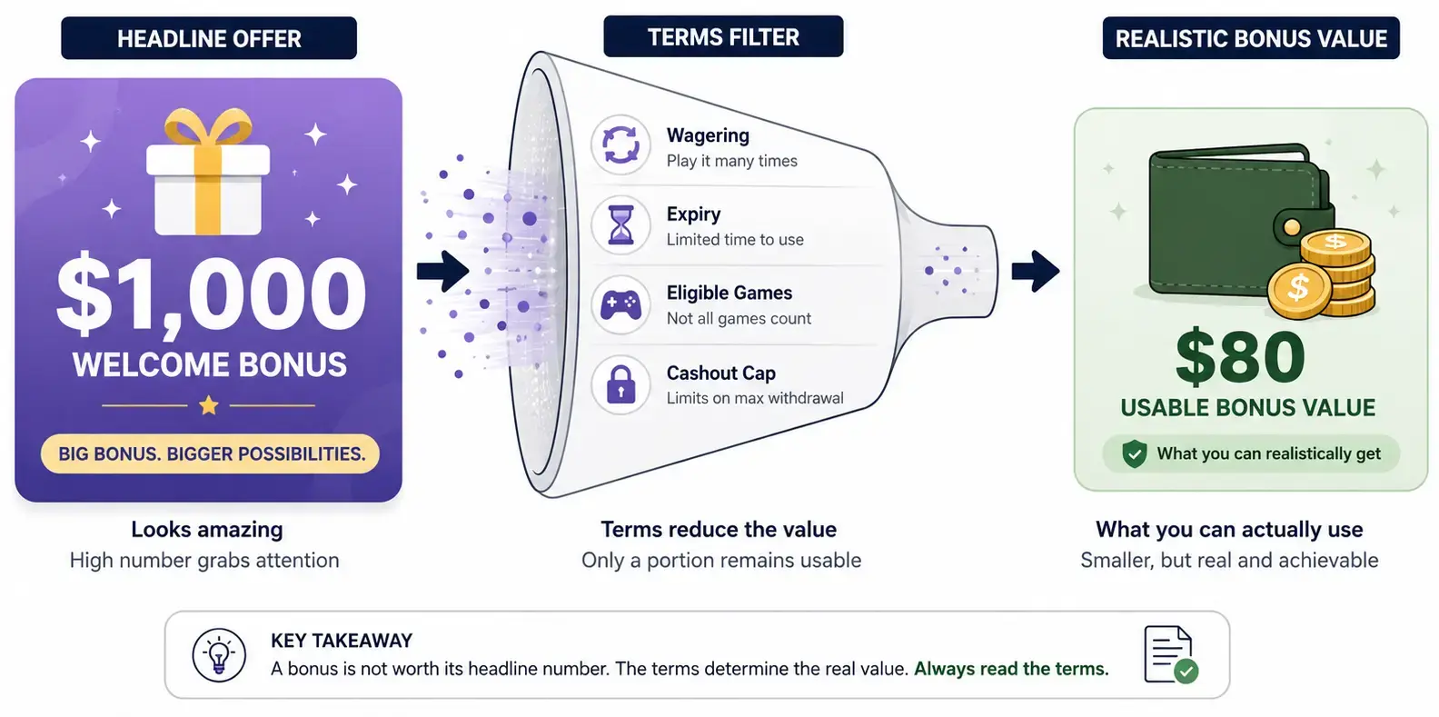 Casino bonus value filtered by wagering and terms