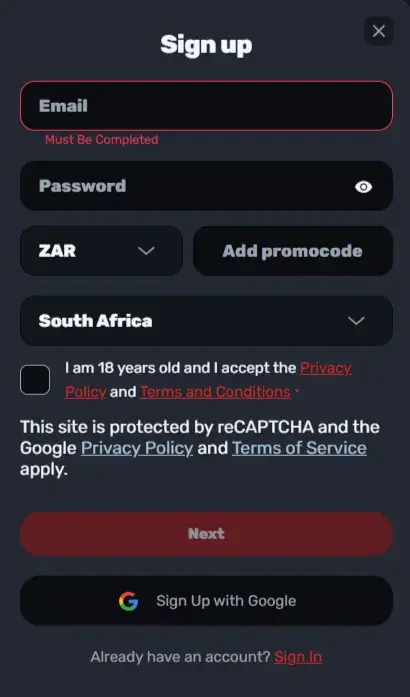 RedRacer Casino Registration Form RedRacer Casino Registration Form