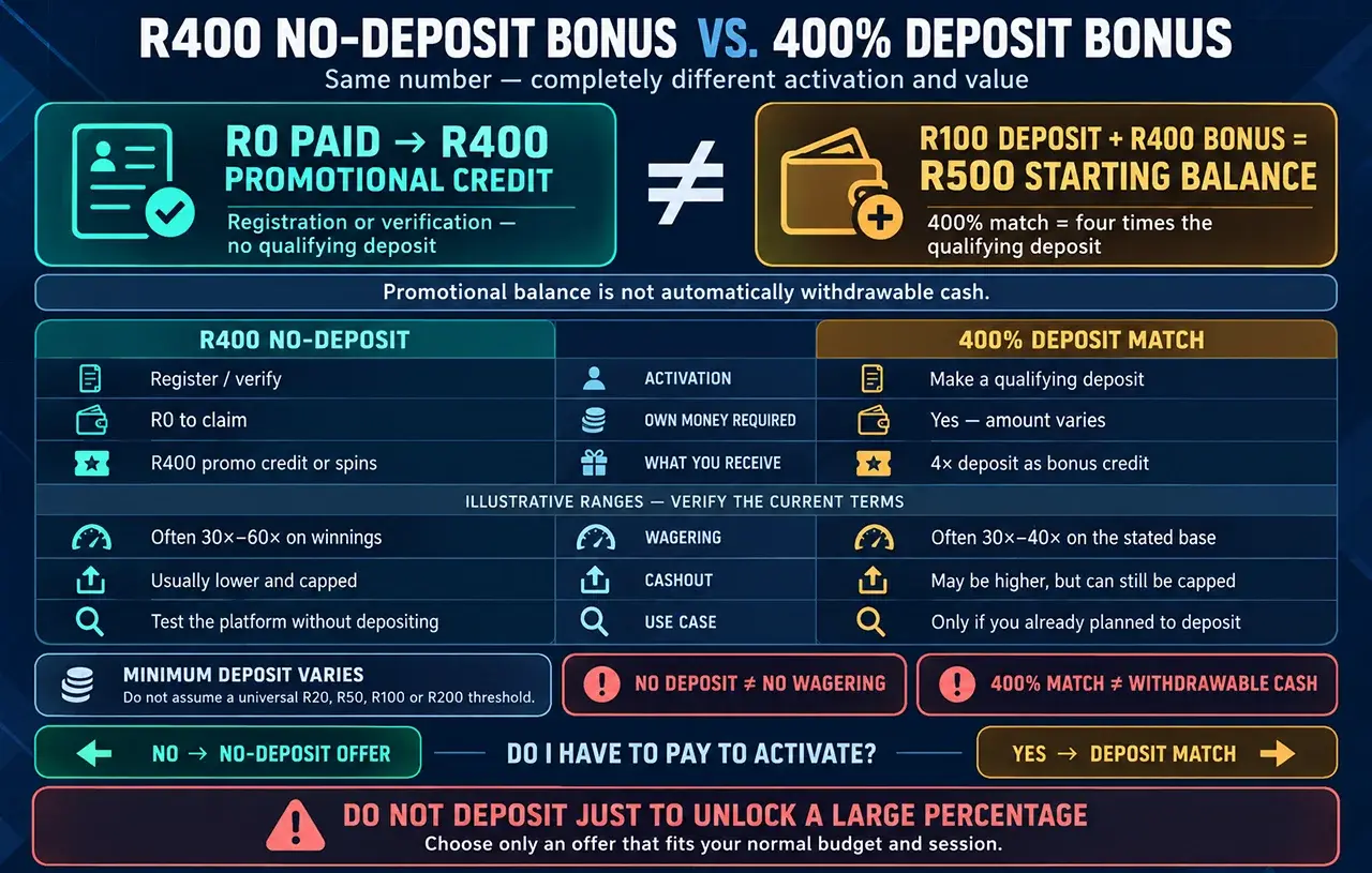 R400 No Deposit Bonus vs 400% Deposit Bonus R400 No Deposit Bonus vs 400% Deposit Bonus